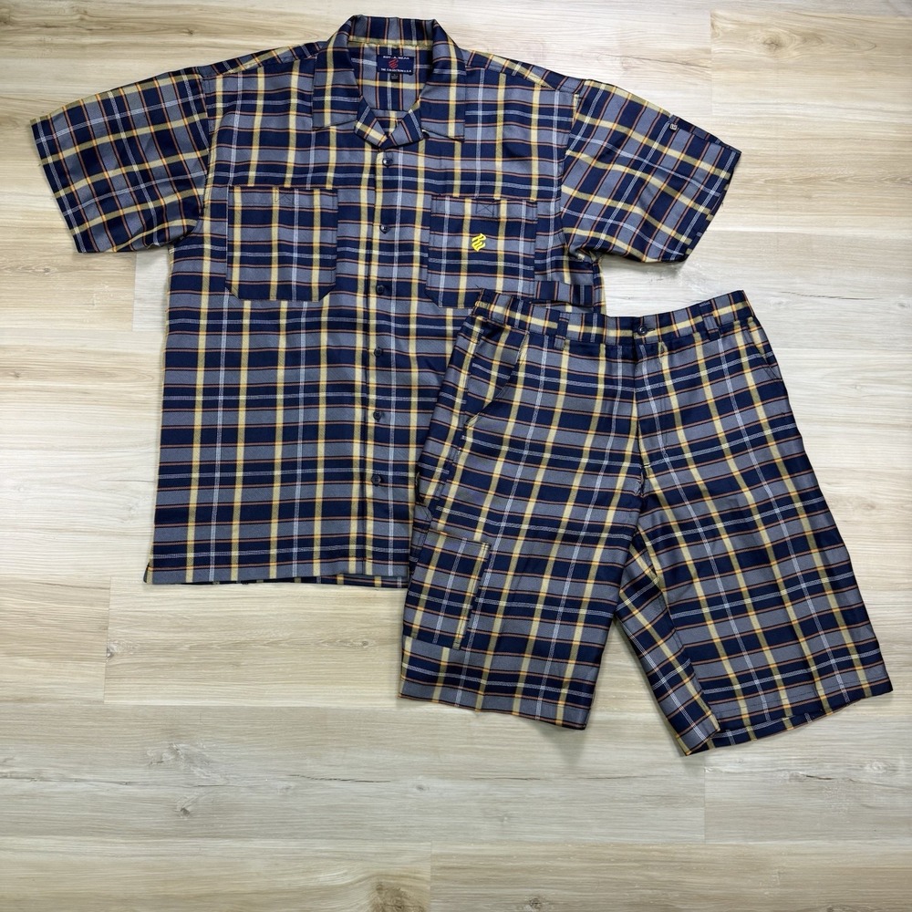 Vintage Y2K Rocawear Plaid 2 Piece Set Button Up & Shorts Baggy 90's Streetwear